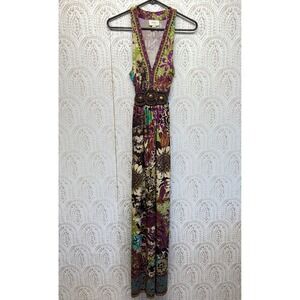 ECI Maxi Dress Womens 14 Multi Color Boho Paisley Beaded Waist V-Neck Sleeveless